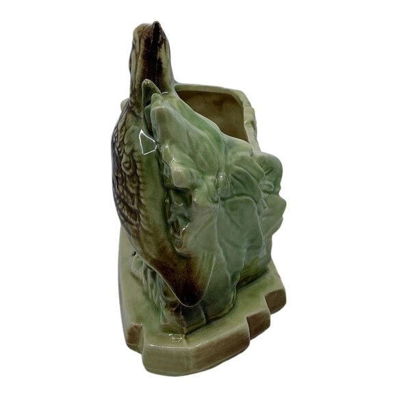 McCoy Vtg Ceramic Bird Planter Figurine Green Beige Brown Decorative MCM Crazing - Picture 7 of 10